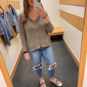 Kaisley Tan Brown Ribbed Knit Scoop V Neck Sweater